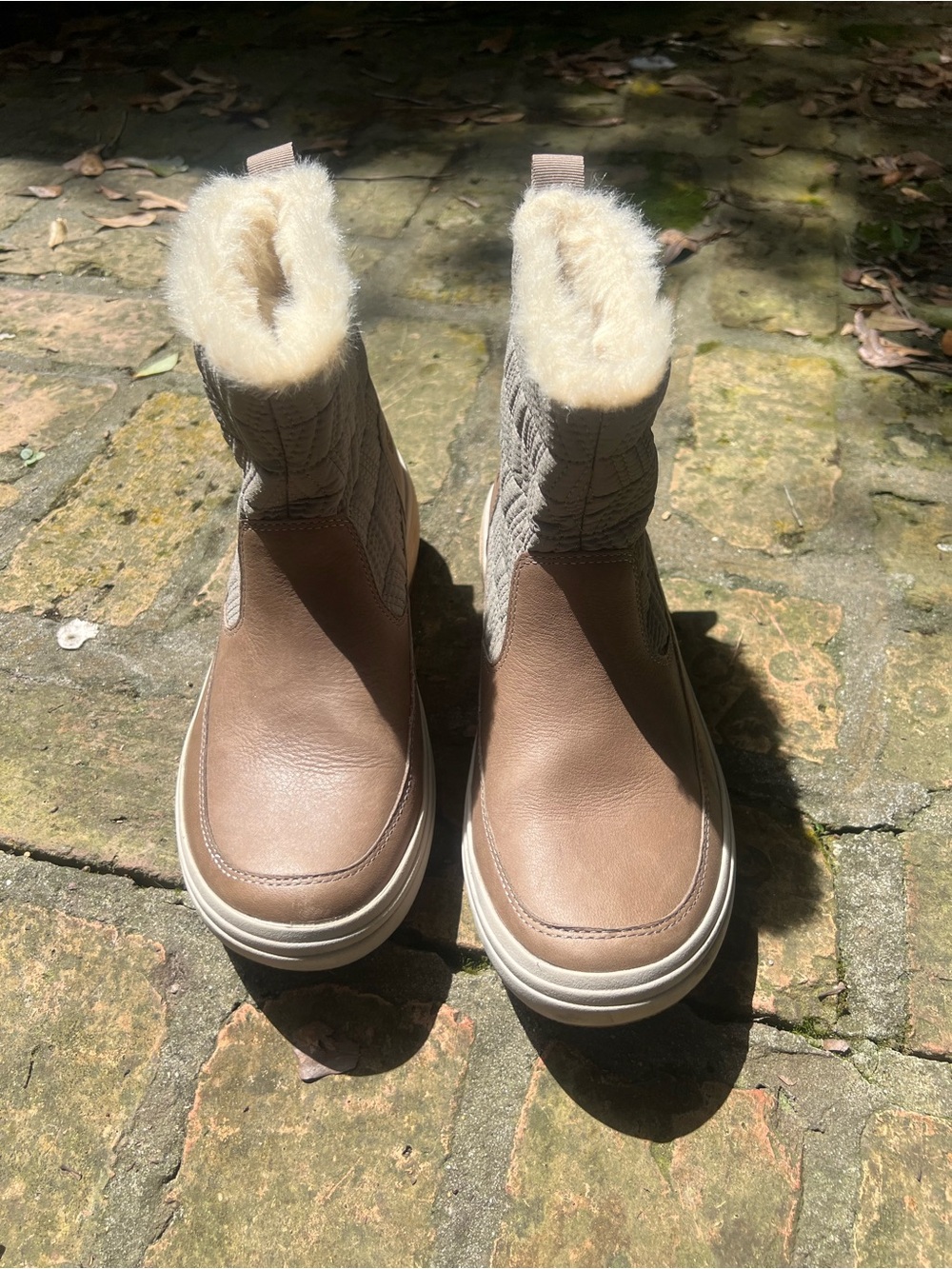 Merrell Taupe Leather & Quilted Ankle Winter Boots with Faux Fur Cuff